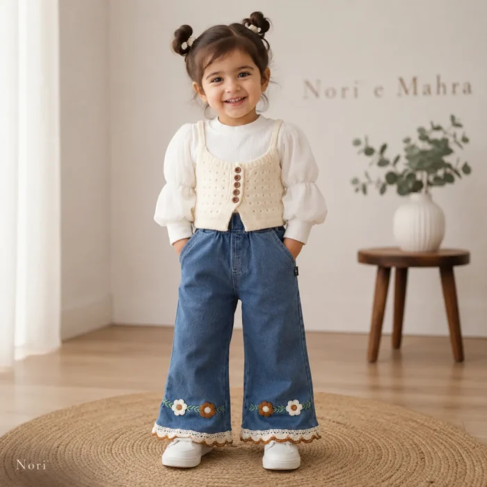 Girls Pointelle Knit Vest 3-Piece Set — Puff Sleeve Top & Floral Embroidered Flare Jeansy24gy