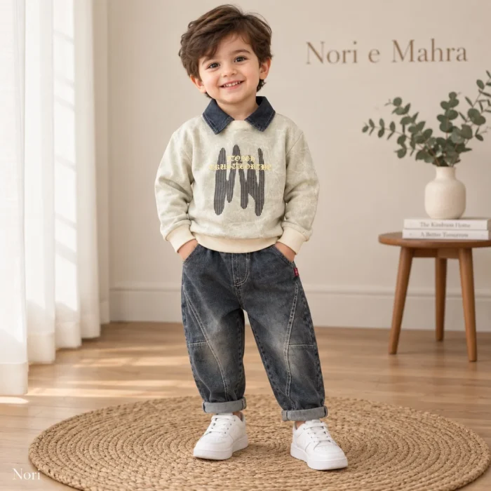 Boys’ Denim-Collar Sweatshirt & Washed Jeans Set