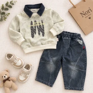 IMG_8332 Boys’ Denim-Collar Sweatshirt & Washed Jeans Set