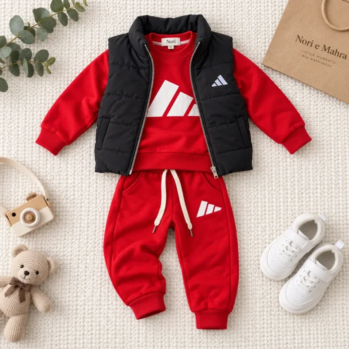Boys’ 3-Piece Tracksuit — Sweatshirt, Puffer Vest Red|Black