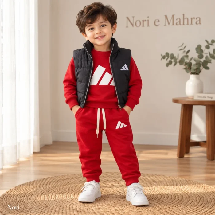 Boys’ 3-Piece Tracksuit — Sweatshirt, Puffer Vest Red|Black