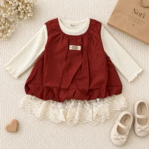 Girls’ Burgundy Gathered Top — Ivory Ribbed Inner