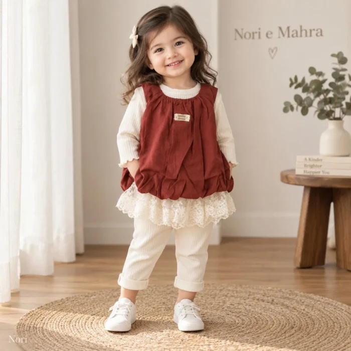 Girls’ Burgundy Gathered Top — Ivory Ribbed Inner