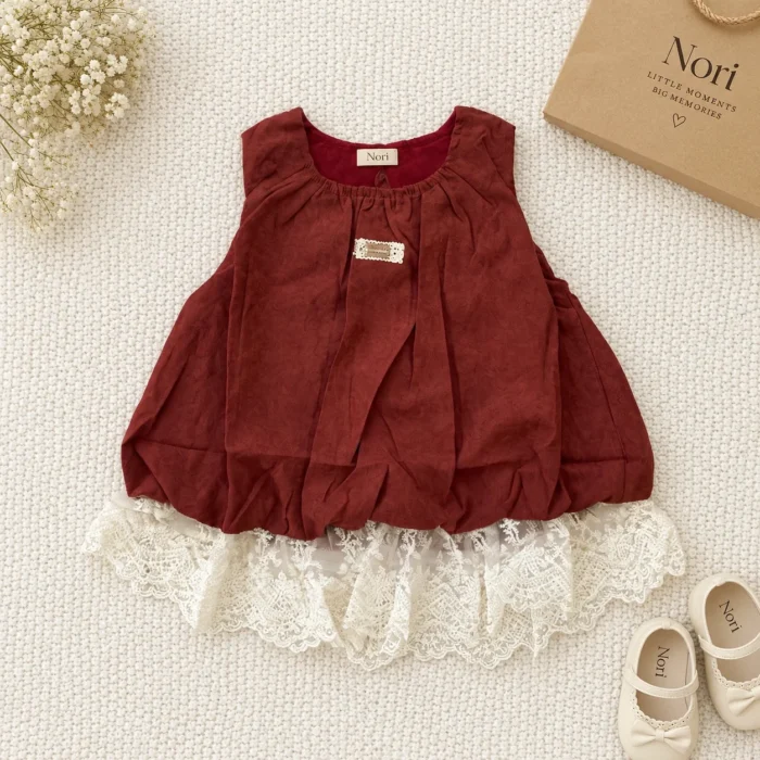 Girls’ Burgundy Gathered Top — Ivory Ribbed Inner