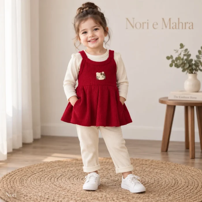 Girls Ribbed Pinafore 2Pc Shirt Red|Lime yellow