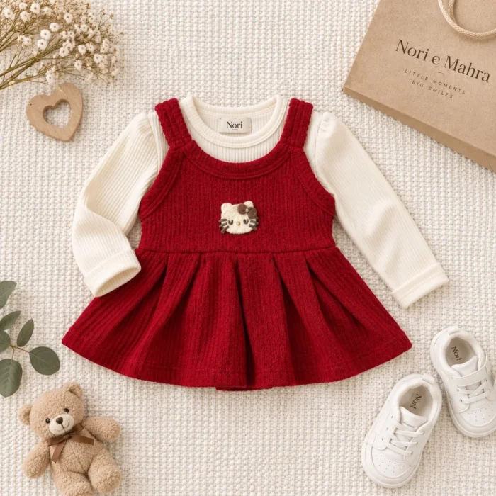 Girls Ribbed Pinafore 2Pc Shirt Red|Lime yellow