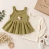 Girls Ribbed Pinafore 2Pc Shirt Red|Lime yellow