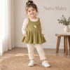Girls Ribbed Pinafore 2Pc Shirt Red|Lime yellow