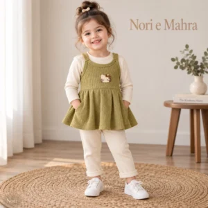 Girls Ribbed Pinafore 2Pc Shirt Red|Lime yellow