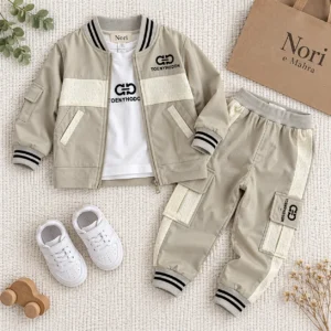 Boys’ Textured-Panel Bomber Jacket Set — T-Shirt & Cargo Trousers