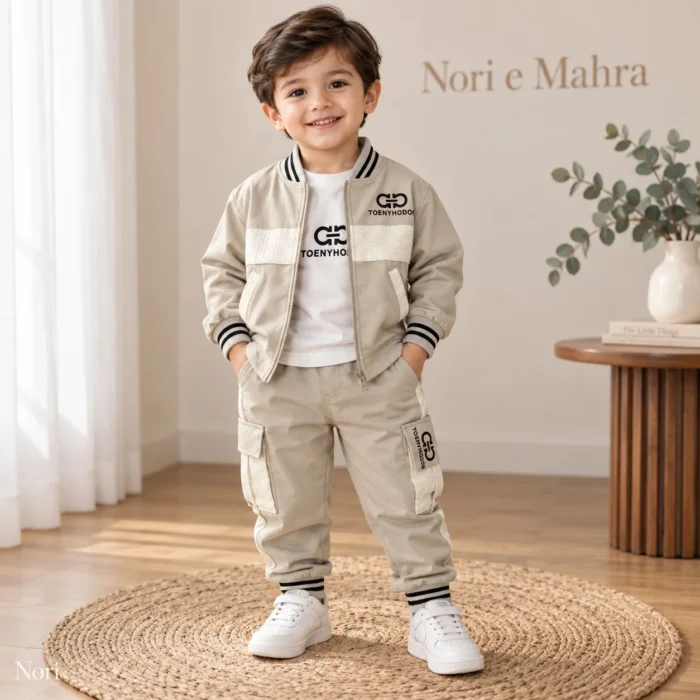 Boys’ Textured-Panel Bomber Jacket Set — T-Shirt & Cargo Trousers
