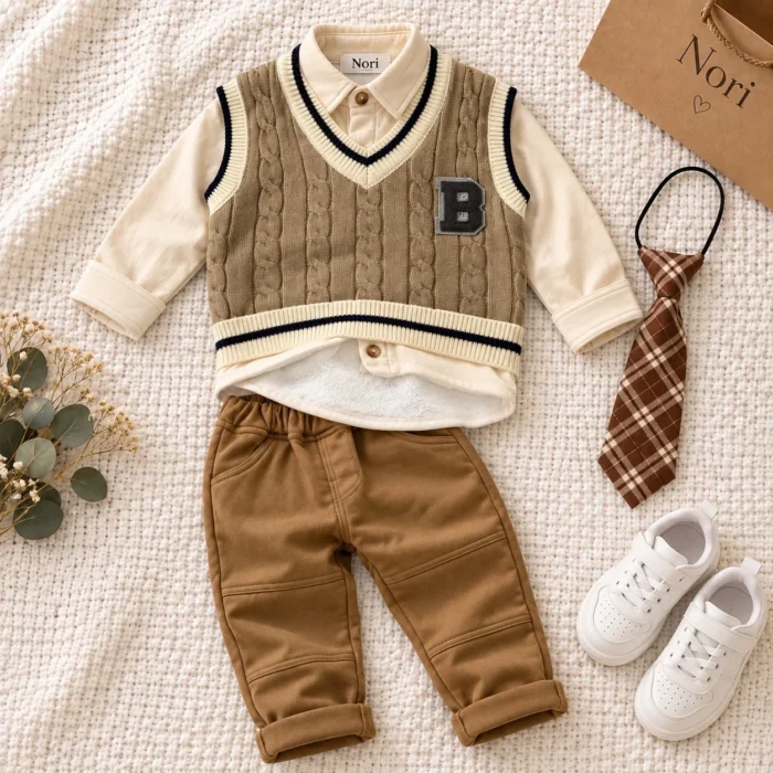 Boys’ Cable-Knit Vest Set — Shirt, Trousers & Tie