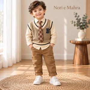 boys-beige-cable-knit-vest-model(1) Boys’ Cable-Knit Vest Set — Shirt, Trousers & Tie