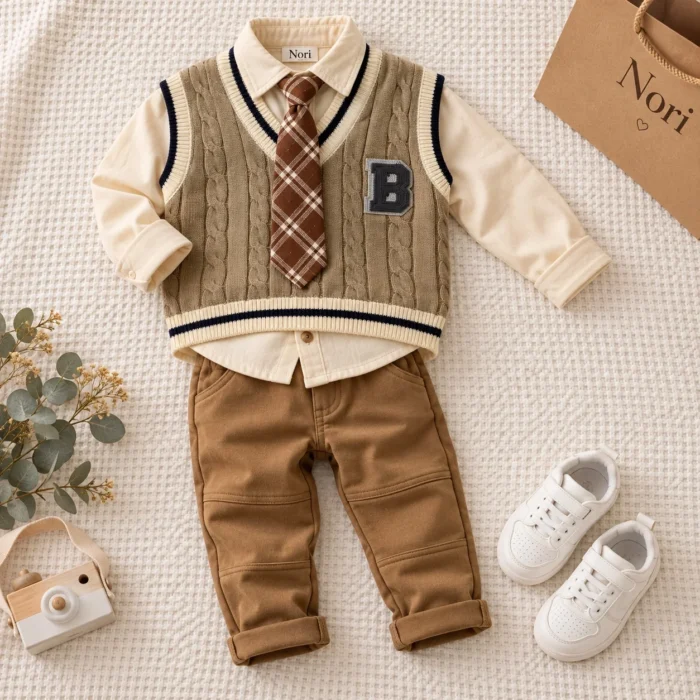 Boys’ Cable-Knit Vest Set — Shirt, Trousers & Tie
