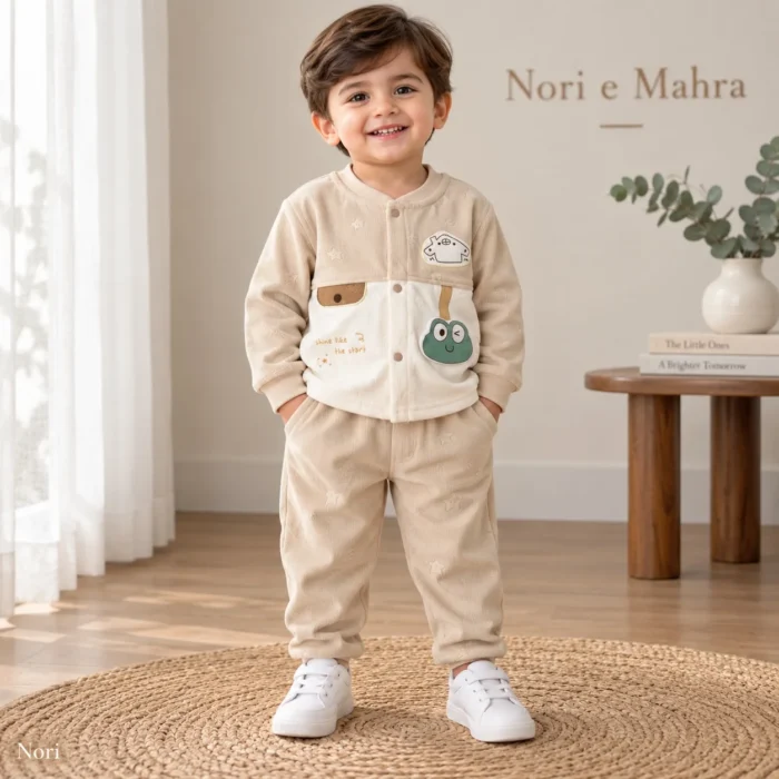Boys’ Beige Star-Textured Jacket & Pants Set