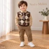 Boys’ Argyle Knit Vest Set — Beige Shirt, Plaid Tie & Khaki Trousers