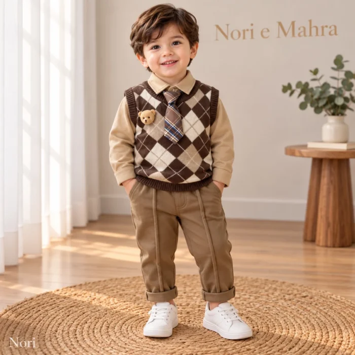 Boys’ Argyle Knit Vest Set — Beige Shirt, Plaid Tie & Khaki Trousers