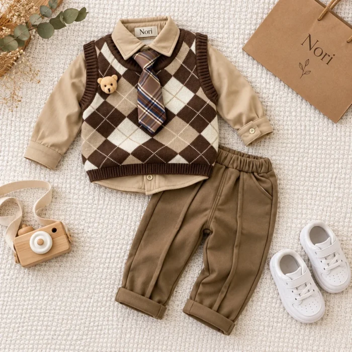 Boys’ Argyle Knit Vest Set — Beige Shirt, Plaid Tie & Khaki Trousers