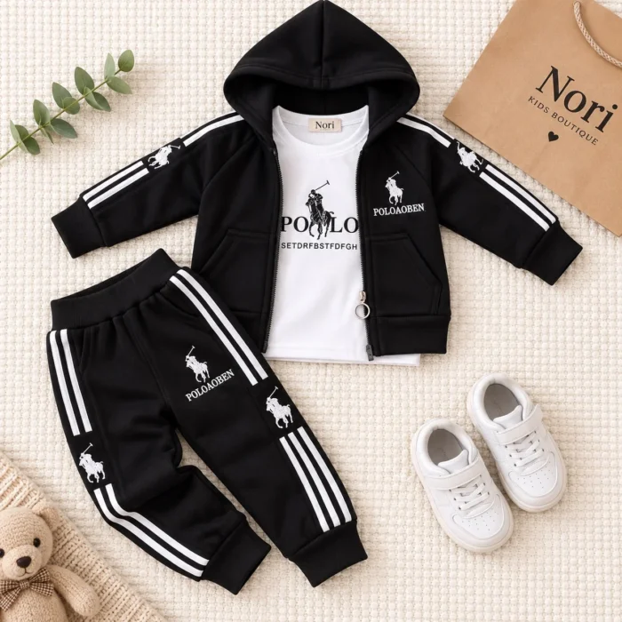 Boys Black Hooded Tracksuit Set | Black & White