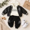 Boys’ Smiley Leather-Look Jacket Set — Hoodie & Cargo Pants | Brown & Black