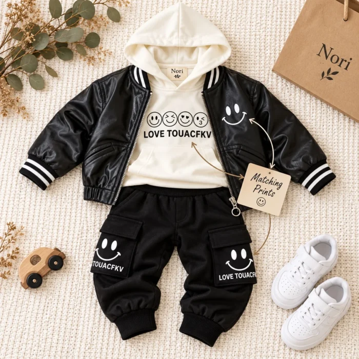 Boys’ Smiley Leather-Look Jacket Set — Hoodie & Cargo Pants | Brown & Black