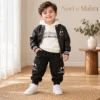 Boys’ Smiley Leather-Look Jacket Set — Hoodie & Cargo Pants | Brown & Black