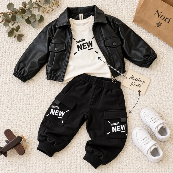 Boys’ Leather Jacket Outfit — Tee & Cargo Pants | Black, Brown & Burgundy