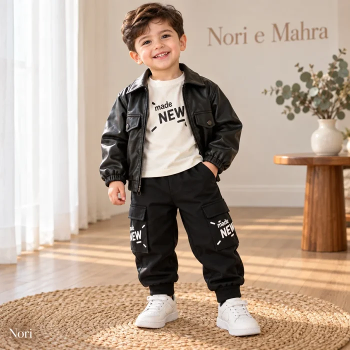 Boys’ Leather Jacket Outfit — Tee & Cargo Pants | Black, Brown & Burgundy