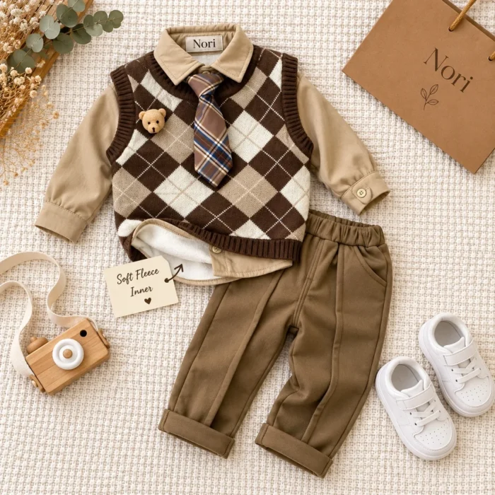 Boys’ Argyle Knit Vest Set — Beige Shirt, Plaid Tie & Khaki Trousers
