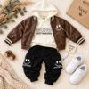 Boys’ Smiley Leather-Look Jacket Set — Hoodie & Cargo Pants | Brown & Black