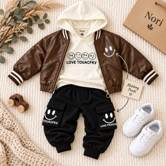 Boys’ Smiley Leather-Look Jacket Set — Hoodie & Cargo Pants | Brown & Black