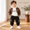 Boys’ Smiley Leather-Look Jacket Set — Hoodie & Cargo Pants | Brown & Black