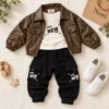 Boys’ Leather Jacket Outfit — Tee & Cargo Pants | Black, Brown & Burgundy