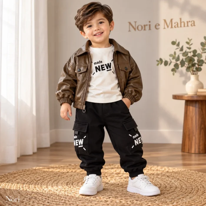 Boys’ Leather Jacket Outfit — Tee & Cargo Pants | Black, Brown & Burgundy
