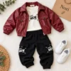 Boys’ Leather Jacket Outfit — Tee & Cargo Pants | Black, Brown & Burgundy