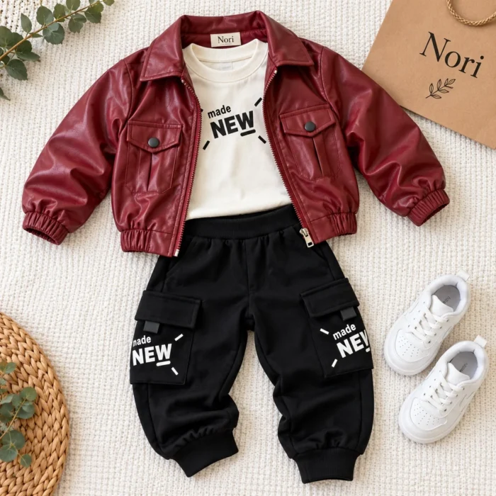 Boys’ Leather Jacket Outfit — Tee & Cargo Pants | Black, Brown & Burgundy