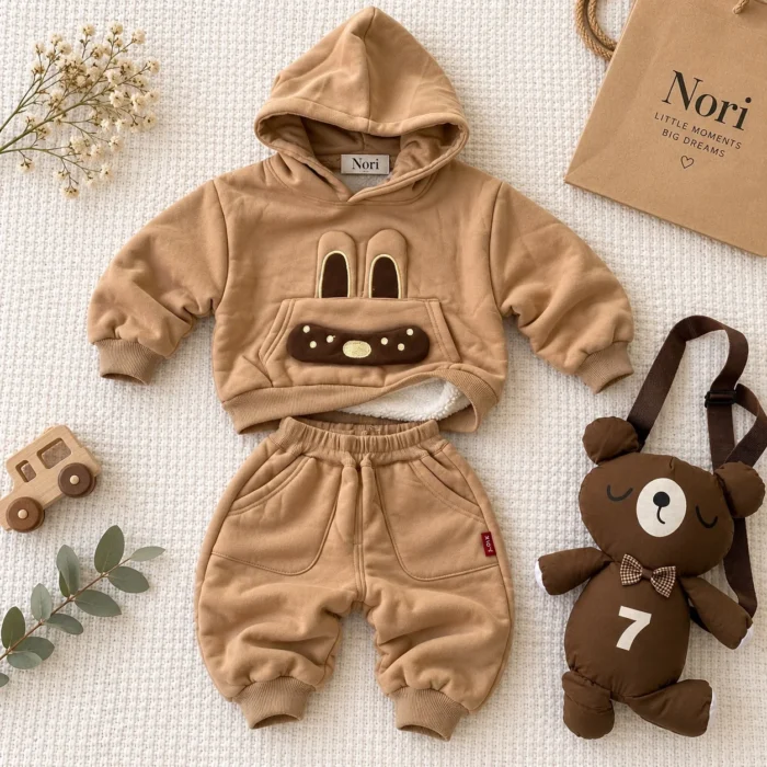 Boys’ Bunny-Face Fleece Hoodie Set — Hoodie & Jogger Pants | Chocolate Brown