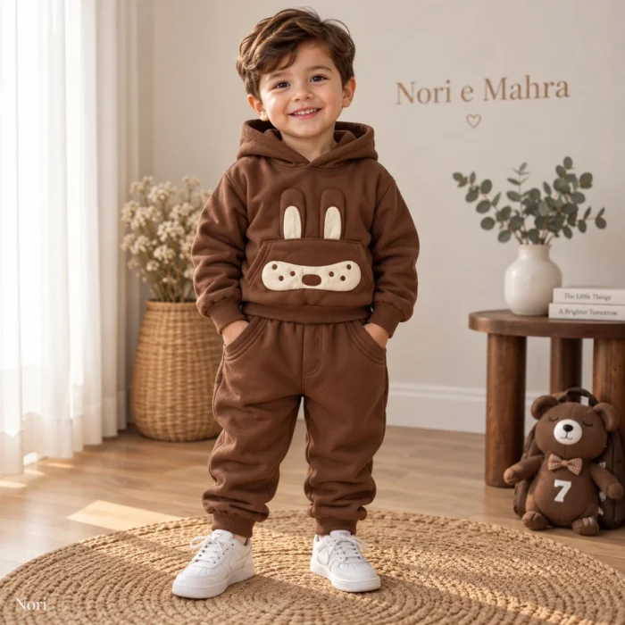 Boys’ Bunny-Face Fleece Hoodie Set — Hoodie & Jogger Pants | Chocolate Brown