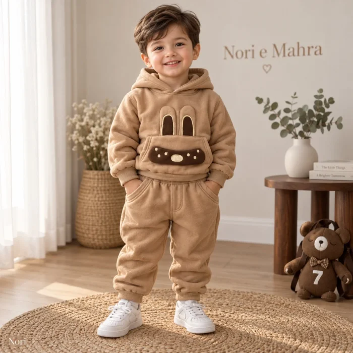 Boys’ Bunny-Face Fleece Hoodie Set — Hoodie & Jogger Pants | Chocolate Brown