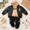 Boys’ Khaki Bomber Jacket Set — Hoodie & Cargo Pants | Black & Beige