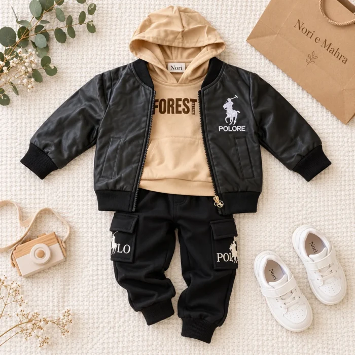Boys’ Khaki Bomber Jacket Set — Hoodie & Cargo Pants | Black & Beige