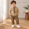 Boys’ Argyle Knit Vest Set — Beige Shirt, Plaid Tie & Khaki Trousers