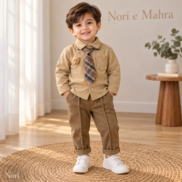 Boys’ Argyle Knit Vest Set — Beige Shirt, Plaid Tie & Khaki Trousers