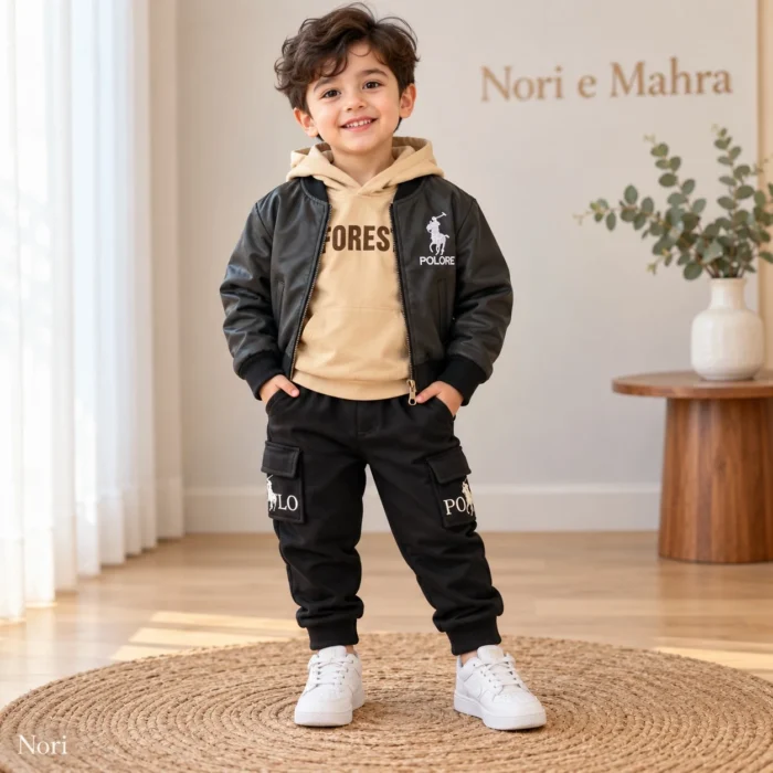 Boys’ Khaki Bomber Jacket Set — Hoodie & Cargo Pants | Black & Beige