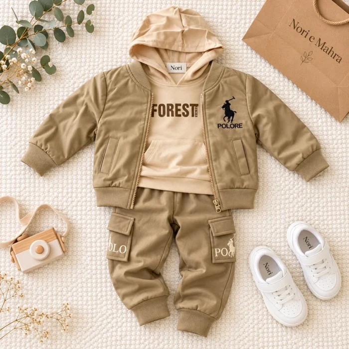 Boys’ Khaki Bomber Jacket Set — Hoodie & Cargo Pants | Black & Beige