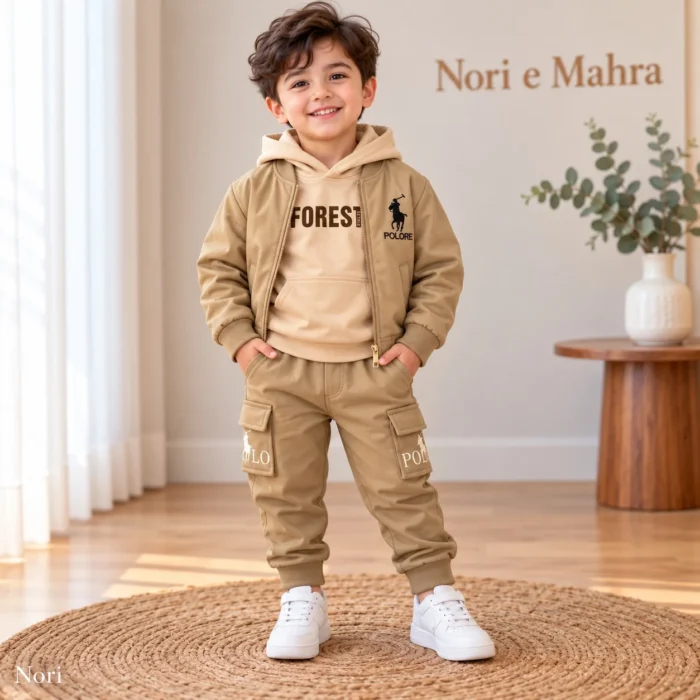 Boys’ Khaki Bomber Jacket Set — Hoodie & Cargo Pants | Black & Beige