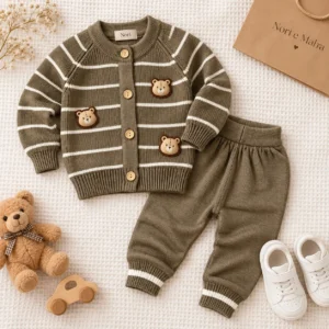 boys-olive-striped-bear-cardigan-set-flatlay(1) Boys’ Bear-Detail Knit Cardigan Set