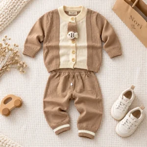 boys-taupe-cream-knit-cardigan-pants-set-flatlay Boys’ Fish-Detail Knit Cardigan Set