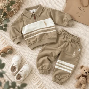 boys-taupe-sweatshirt-set-flatlay(1) Boys’ Contrast-Stripe Sweatshirt Set