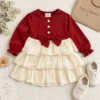 Girls’ Bow-Front Tiered Dress — Burgundy & Ivory